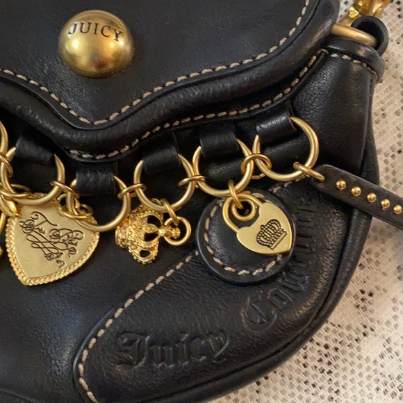 Y2K Juicy Couture VINTAGE CHARM Mini bag BLACK LEATHER PURSE WRISTLET - Picture 10 of 14